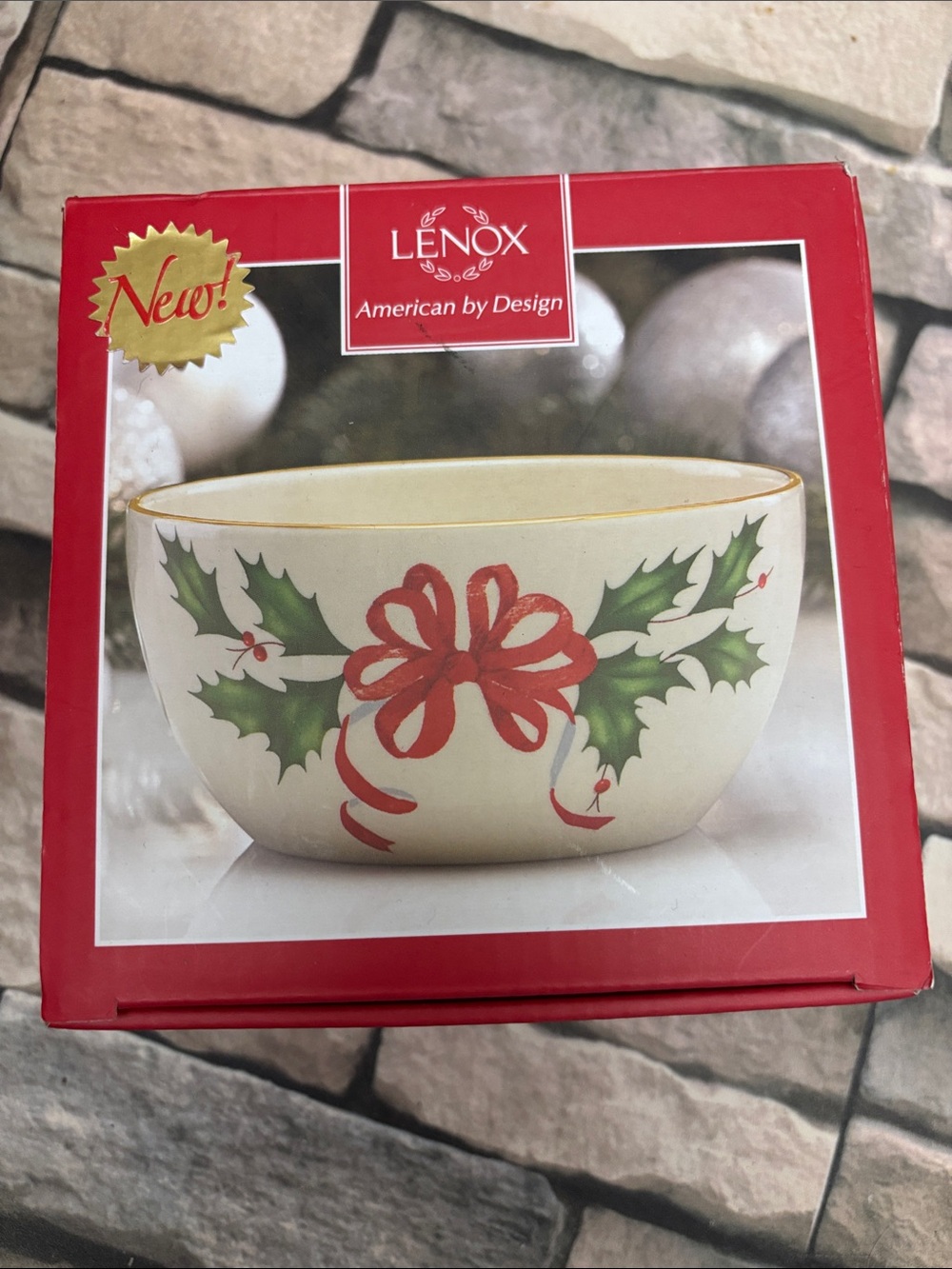 Lenox Ivory Holiday Holly Bowl with Red Ribbon and Green Leaves